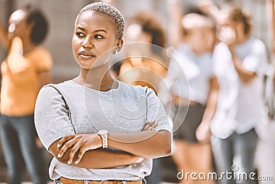 Protest, crowd and black woman with focus, vision and power for human rights, equality and motivation, idea or thinking Stock Photo