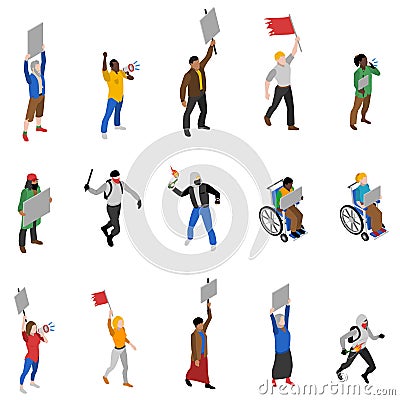 Protest Demonstration People Isometric Icons Set Vector Illustration