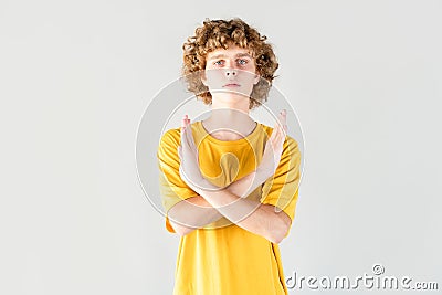 Protest and dissent is shown by handsome curly haired guy Stock Photo