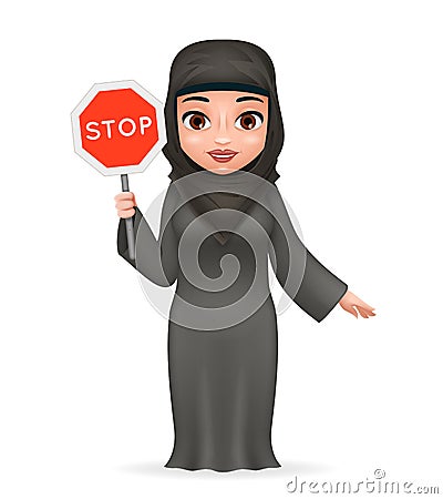 Protest fight for equal rights stop sign arabe tradicional cute female clothing hijab abaya 3d cartoon character design Vector Illustration