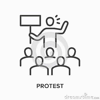 Protest flat line icon. Vector outline illustration of people crowd on demonstration, activist with banner. Strike thin Vector Illustration