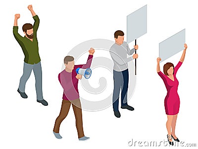 Protest Isometric People with placard and megaphones on demonstration. Demonstration, protest, strike concept. Vector Illustration