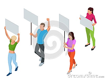 Protest Isometric People with placard and megaphones on demonstration. Demonstration, protest, strike concept. Vector Illustration