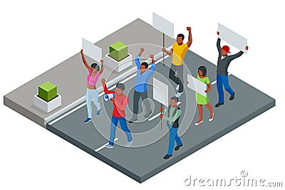 Protest Isometric People with placard and megaphones on demonstration. Demonstration, protest, strike concept. Group of Vector Illustration