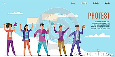 Protest landing page. Protesting activists with loudspeakers, people with placards. Human rights and working strike Vector Illustration