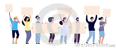 Protest. People crowd holding blank banners, manifesting activists demonstrating empty signs. Street demonstration Vector Illustration