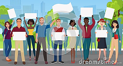 Protest People with placards megaphones on demonstration. Crowd protesting people composition on the city background. Vector Illustration