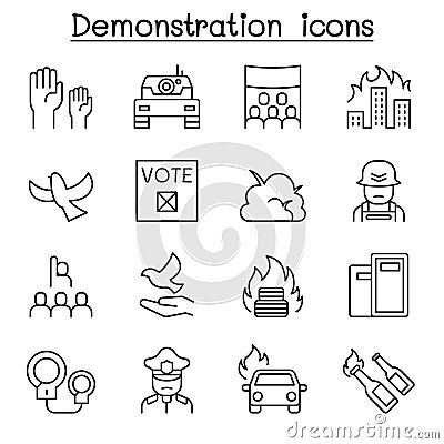Protest, riot, election, remonstrance, demonstration icon set in thin line style Cartoon Illustration