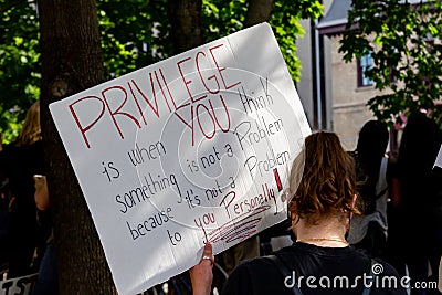 Protest Sign on White Privilige in Ottawa Editorial Stock Photo