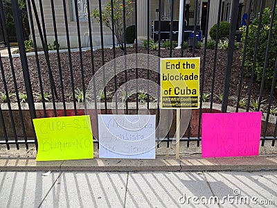 Protest Signs at the Cuban Embassy Editorial Stock Photo