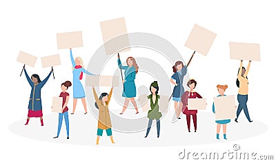 Protest womans. Girl feminism with placard on manifestation, demonstration. Woman rights concept Vector Illustration