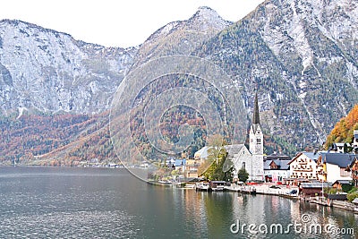 Protestant church nearby Hallstatt lake Stock Photo