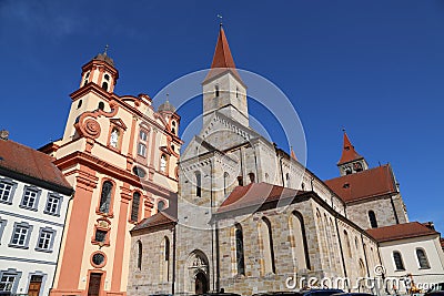 Protestant town church and Catholic Basilica St. Vitus in Ellwangen, Germany. Stock Photo