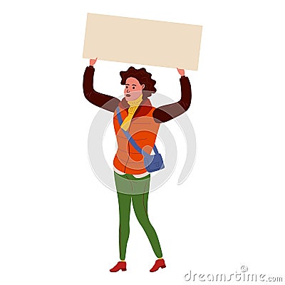 Protester black woman holding empty banner. Activist protesting, political meeting, strike human female rights. Vector Vector Illustration