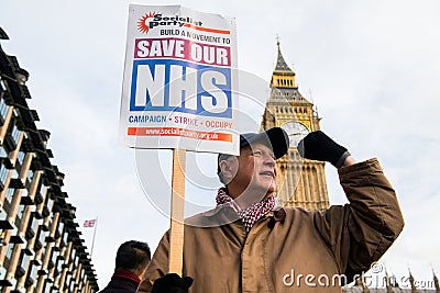 Protester with placard/banner at the Save Our NHS protest demonstration - London. Editorial Stock Photo