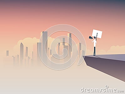 Protester speaking through megaphone or bullhorn and holding a placard, banner vector icon. Corporate background. Symbol Vector Illustration