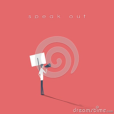 Protester speaking through megaphone or bullhorn and holding a placard, banner vector icon. Symbol of activism Vector Illustration