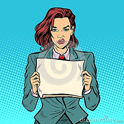 Protester woman, blank Board, serious face Vector Illustration