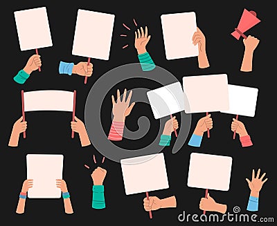 Protesters banners demonstration, hand hold revolution banners Vector Illustration