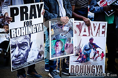 Protesters demand UN to stop killing genocide of Muslims Rohingya in Myanmar. Editorial Stock Photo