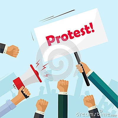 Protesters hands holding protest signs, crowd people, political, activist fists Vector Illustration