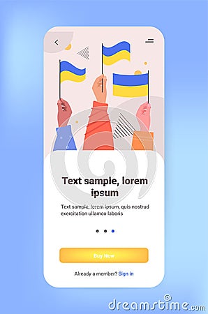 protesters hands holding Ukrainian flags pray for Ukraine peace save Ukraine from russia stop war concept Vector Illustration