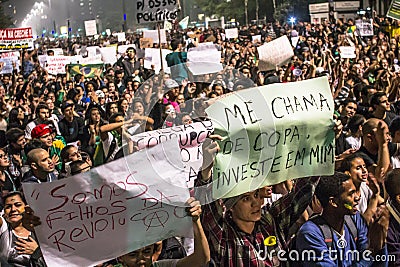 Protesters on Paulista Avenue during a protest against the increase in the value of bus, train and subway ticket Editorial Stock Photo