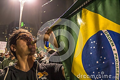 Protesters on Paulista Avenue during a protest against the increase in the value of bus, train and subway tickets Editorial Stock Photo