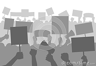 Protesters people crowd. Silhouette protest activists with banners and megaphones, worker strike political revolution Vector Illustration