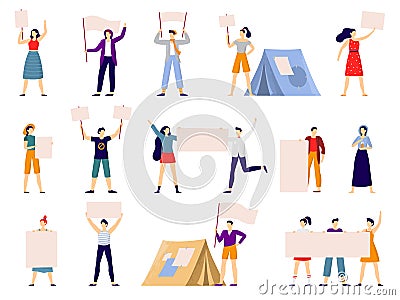 Protesters people. Peaceful protest march, activist holding banner or placard and protesting activists flat vector Vector Illustration