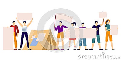 Protesters people. Protest strike, protesting group holding protests banners and protester activist vector illustration Vector Illustration