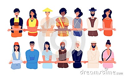 Protesters together. Women protest, group friends united and holding hands. Cartoon friendly people, entrepreneur team Vector Illustration