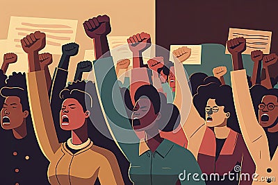 protesting crowd with raised fists and banners, demanding equal rights Stock Photo