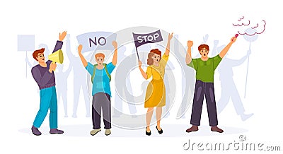 Protesting group people. Crowd of protesting people demonstration are holding placards loudspeaker smoke bomb. Man woman take part Vector Illustration