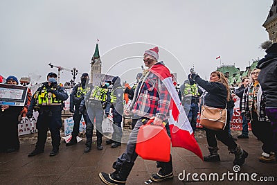 Protesting with Jerry Can as Symbol of when Police Confiscate Fuel to Truckers in Ottawa Freedom Convoy Editorial Stock Photo