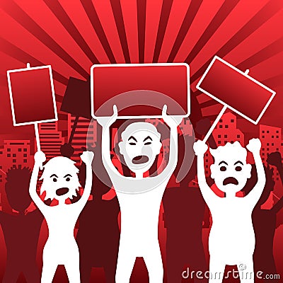 Protesting people. A crowd of angry protesters with flags and banners in the background of the city. Vector Illustration