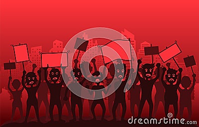 Protesting people. A crowd of angry protesters with flags and banners in the background of the city. Vector Illustration