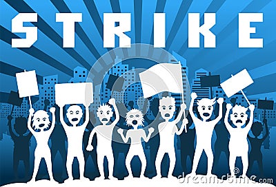 Protesting people. A crowd of angry protesters with flags and banners in the background of the city. Vector Illustration