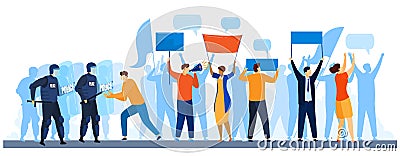 Protesting people, demonstration crowd and police vector illustration. Strike, human riot, protest signs and bullhorn. Cartoon Illustration