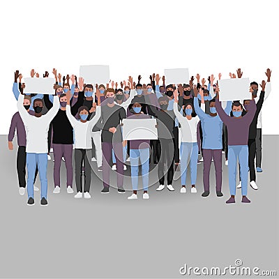 Protesting people with hands up in medical face masks. Public protest illustration Vector Illustration