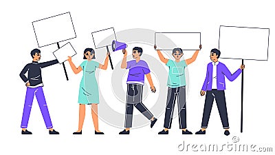 Protesting people holding empty banners. Demonstrating activists, political or environmental manifesting activists, street Vector Illustration