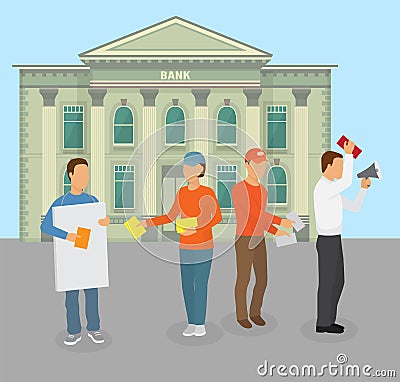 Protesting people stand in picket in front of bank vector illustration. Vector Illustration