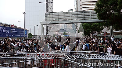 Protestor behind the barrier - Umbrella Revolution in Central, Hong Kong Editorial Stock Photo