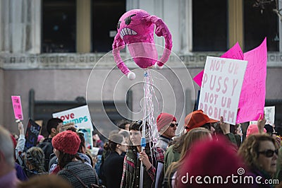Protestor holding funny sign, 2017 Women`s March Los Angeles Editorial Stock Photo
