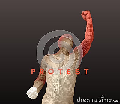 Protestor. Leadership concept. Man raises fist up. Emblem for sport, politics or business. 3d vector Illustration Vector Illustration