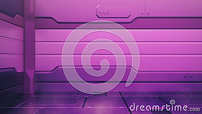 Proton purple interior with empty stage. Modern Future background. Technology Sci-fi hi tech concept. 3d rendering Cartoon Illustration