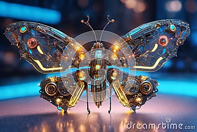 Prototype of cyberpunk mechanical butterfly with gears and glowing orange energy neon lights standing at futuristic research lab, Stock Photo