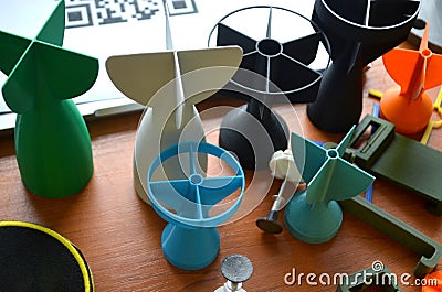 Prototype model tail fins rocket bomb tip printed Small multi-colored models Stock Photo