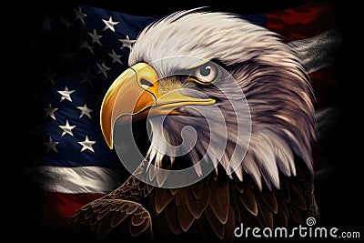 Proud Bald Eagle Beside Flag Concept for American Pride, July Independence, and National Wildlife - Generative AI Stock Photo