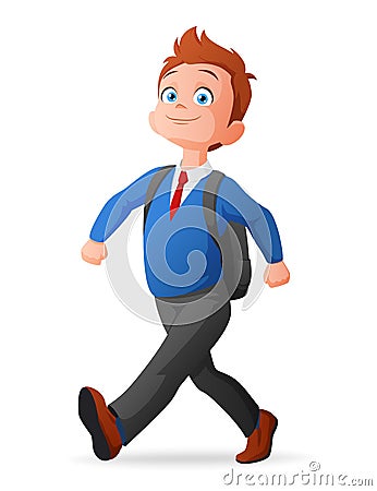 Proud and cheerful cute little young boy in uniform walking to school with backpack. Vector Illustration